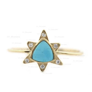 Solid 14K Yellow Gold Trillion Cut Real Turquoise Gemstone Diamond Flower Ring - Picture 1 of 9
