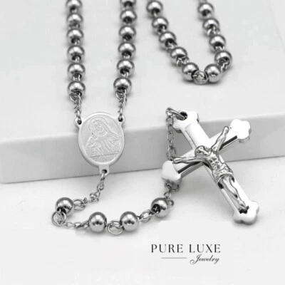 26" Acero Inoxidable 6mm Cuentas Rosario VIRGEN MARÍA + Collar Cruz de Jesús + CAJA Foto 1 de 3