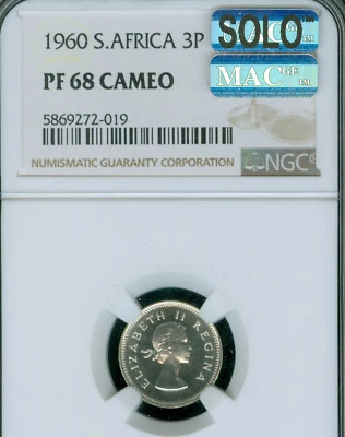 1960 SOUTH AFRICA 3 PENCE NGC PF68 CAMEO MAC SOLO FINEST GRADE & SPOTLESS  * - Image 1 of 2