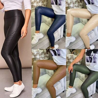Women Ladies Wet Look PU Faux Leather High Waist Leggings Stretchy Biker Pants - Image 1 of 4