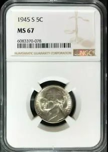 :1945-S 5C JEFFERSON SILVER WAR NICKEL SUPERB NGC MS 67 LOW POP HIGHEST GRADES - Picture 1 of 4