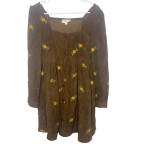 Listicle corduroy babydoll dress brown embroidered daisy size small cute fall - Picture 1 of 7
