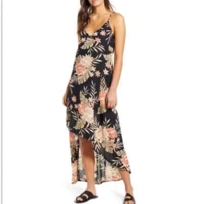 Vestido Billabong Mujer XS El Mejor Maxi Floral Asimétrico Negro Tropical Alto Lo Foto 1 de 4