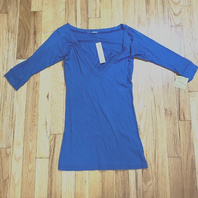 Y2K Vintage Top Blue Knit Cotton Baby Tee Plunging V-Neck Fitted Size M - Image 1 of 4