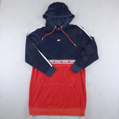 Tommy Hilfiger Dress Womens Large Blue Red Hoodie Velour Pullover Sweater Dress - Image 1 of 4