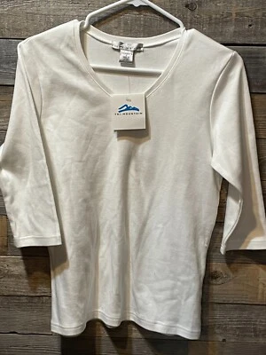 Camisa blanca Tri-Mountain para mujer talla pequeña, camisa manga 3/4, suéter cuello en V Foto 1 de 4
