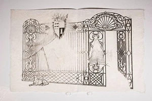  gravure  portail ferronnerie chien armoiries, vers 1950-60 ? - Imagen 1 de 1