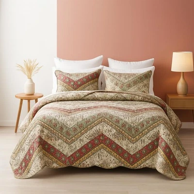 Bohemian Quilted Floral Bedspread Set - Rustic Cranberry Red Sage Green Chevr... - Image 1 of 4
