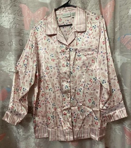 JACLYN SMITH Nachtwäsche Oberteil Damen L Rosa Blumen Button Down Langarm Satin - Bild 1 von 11