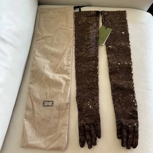 NWT GUCCI GLOVES BROWN Sequin Long Sz 8 / L GG Logo 100% Authentic - Picture 1 of 8