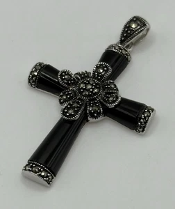 Vintage Sterling Silver Onyx Marcasite Cross Brooch Pendant - Picture 1 of 4