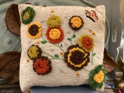 Vintage Hand Embroidered/ Crocheted Throw Pillow Retro Boho Flower Power Hippie - Image 1 of 4