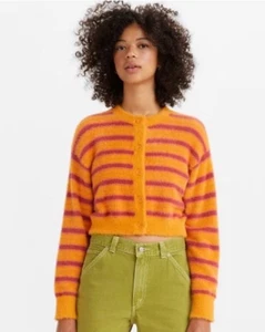 Levi’s Fuzzy Cat Cardigan Women’s M Orange Pink Stripe Cropped Soft Fluffy Knit - Picture 1 of 11