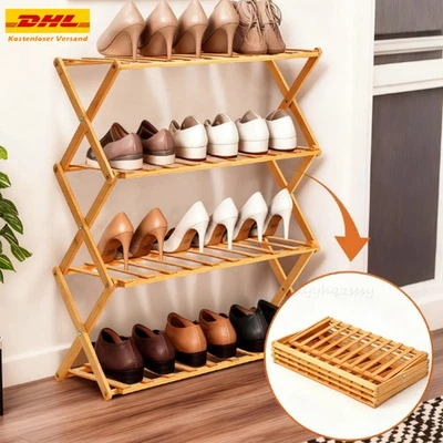 4 Ebenen Schuhregal Freistehende Bambus Regal Schuhablage Schuhe Organizer 50CM - Bild 1 von 4