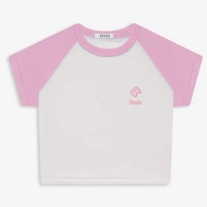 T-shirt nuova RHUDE scritta logo bambino raglan crop bianco/rosa SS22 donna taglia 2XL XXL - Foto 1 di 5