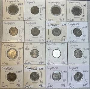 1967 - 2009 Singapore Ten 10 Cents High Grades XF - BU Condition 16 Coin Lot - Picture 1 of 10