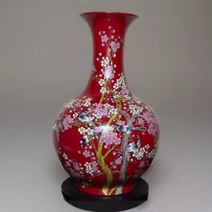 23” Chinese Large Floor Vase Plum Blossom Scene With Birds - Picture 1 of 5