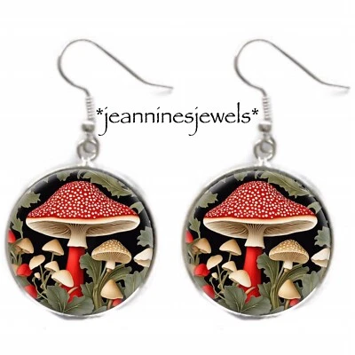 PENDIENTES Art Nouveau Champiñón Rojo Vintage Estampado Botánico Plata Dije Cuelga Foto 1 de 4