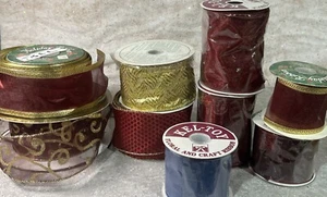 Lot of 9 Wired Edge Christmas Ribbons 5 New 4 Used Lots Of Ribbon Reds & Golds - Picture 1 of 14