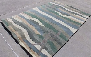 R17701 Green Bold Stripe Contemporary Tibetan Area Rug 6' X 9' Handmade in Nepal - Picture 1 of 9