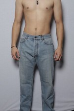 Versace Men's Light Blue Denim Jeans Medusa Pebbled Leather 2017 Sz 44 Finn Fit