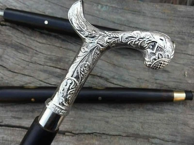 Diseño Vintage Latón Chapado Cromo Cabeza Mango Madera Bastón Incrustación Foto 1 de 4