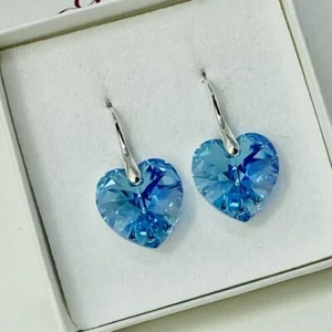 Heart Earring Jewellery Aquamarine AB 925 Silver Made With Austrian Crystals - Picture 1 of 8