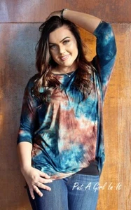 New PLUS SIZE Womens TEAL BROWN TIE DYE DYED DOLMAN KNOT TUNIC SHIRT 1X 2X USA - Picture 1 of 6
