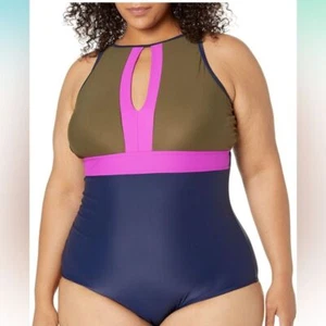Coastal Blue Plus Size 3X 24/26 Empire Waist Color Block Swimsuit Halter… - Picture 1 of 15