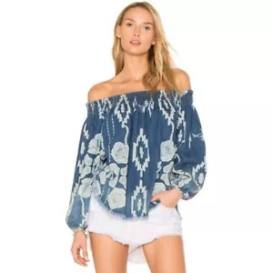 $129 ONE TEASPOON St Lucia Sugar Off Shoulder top 6 8 10 denim floral frayed hem - Picture 1 of 8