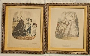 Antique Framed Victorian French Fashion Print La Mode Illustree Set Of 2 Vintage - Picture 1 of 15