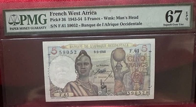 French West Africa 5 Francs 1943-54 Pick#36 PMG 67 Super Gem EPQ - Image 1 of 2