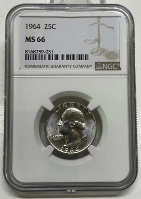 1964 Washington Quarter 25c NGC MS 66 Mint State Uncirculated Coin - Image 1 of 4