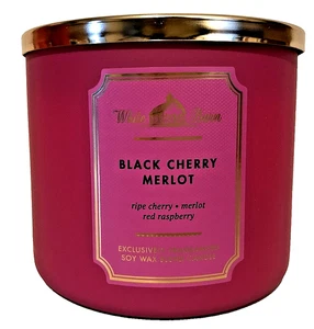 BLACK CHERRY MERLOT CANDLE 3 WICK 14.5 OZ BATH BODY WORKS WHITE BARN NIB MAGENTA - Picture 1 of 2