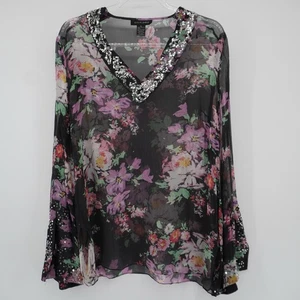 Silkland 100% Silk Black Floral V-Neck Sheer Blouse XL Angel Sleeves Sequins Y2K - Picture 1 of 11