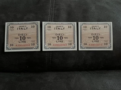Three Consecutive Serial # 1943 A Italy 10 Lire P  M19 Uncirculated - Image 1 of 4