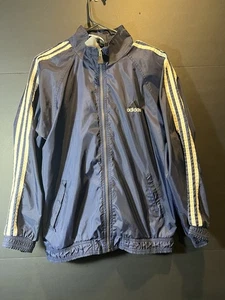 VINTAGE 90s Y2K ADIDAS WINDBREAKER NAVY BLUE ZIP UP HOODED SIZE LARGE - Picture 1 of 13