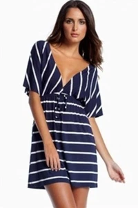 Elan Swim Cover Up Tunic Top Sz Medium Navy White Striped Jersey Stretch V-Neck - Picture 1 of 7
