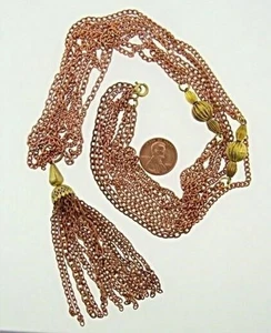 VINTAGE AGED COPPER COATED STEEL TASSEL BRASS BEADS & CAP 4 CHAIN NECKLACE N57 - Picture 1 of 4