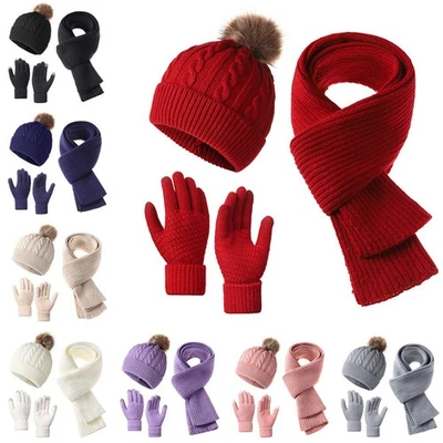 Hat Scarf and Gloves Set Ladies, Winter Beanie Hat for Women with Pom Pom Fleece