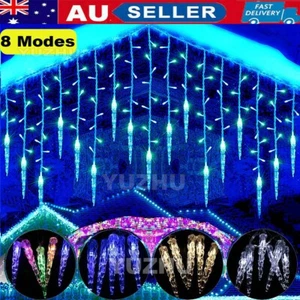 96LED Christmas LED Icicle Falling Rain Curtain Fairy String Lights Xmas Outdoor - Picture 1 of 18