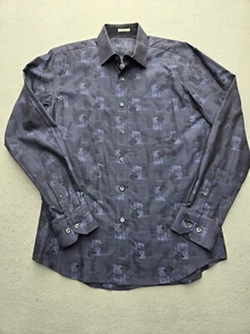 Bugatchi Men Button-Up Medium Blue Abstract 100% Cotton Long Sleeve - Picture 1 of 15