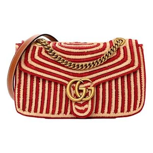 Gucci Marmont Raffia Woven Small GG Shoulder Bag Natural Hibiscus Red NEW - Picture 1 of 8