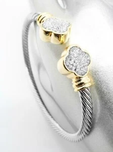 LUXURIOUS 18kt Gold Plated Crystals Clover Flower Tip Thin Cable Cuff Bracelet - Picture 1 of 4