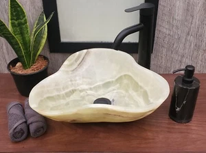 Wavy Green and Tan Onyx Stone Vessel Bathroom Sink, 16 x 14 inch Sink - Picture 1 of 14