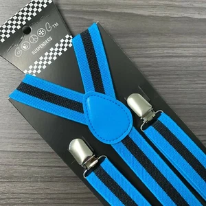 Blue Black Vertical Stripe 3 Clips Unisex Adult Suspender for Wedding Tuxedo - Picture 1 of 3