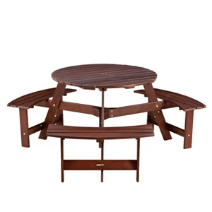 6 Person Round Picnic Table with 3 Built-in Benches Umbrella Hole Table Bench - Picture 1 of 13