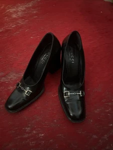 Gucci Horsebit Heels Black Patent Leather Size 6B Block Heel Square Toe Italy - Picture 1 of 3