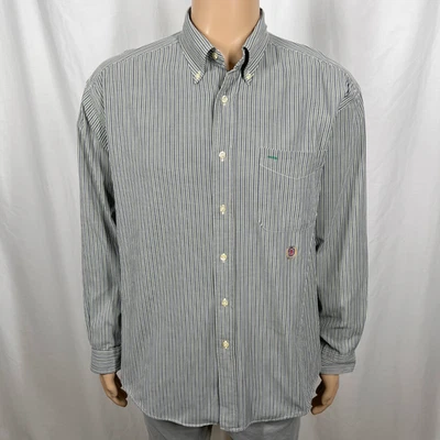 Vintage 90s Tommy Hilfiger Men's Large Green Striped Long Sleeve Button-Up Shirt - Image 1 of 4