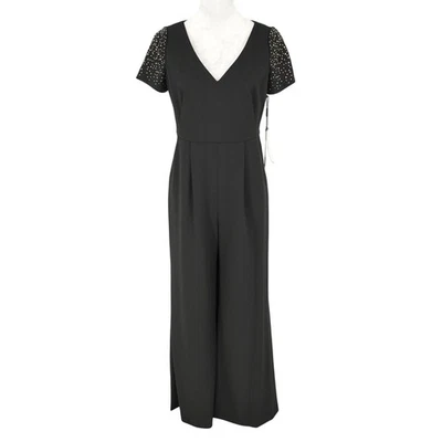 Calvin Klein Jumpsuit Womens 6 Black Rhinestone Sleeves Lined Wide Leg New - Image 1 of 4